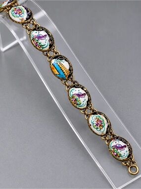 Hand-Painted Enamel Floral Link Bracelet - Multicolor